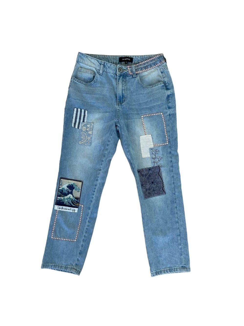 Desigual jeans patchwork ankle mom style baggy high rise waist lightwash blue 26